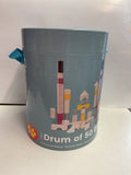 Drum of 50 wooden bricks